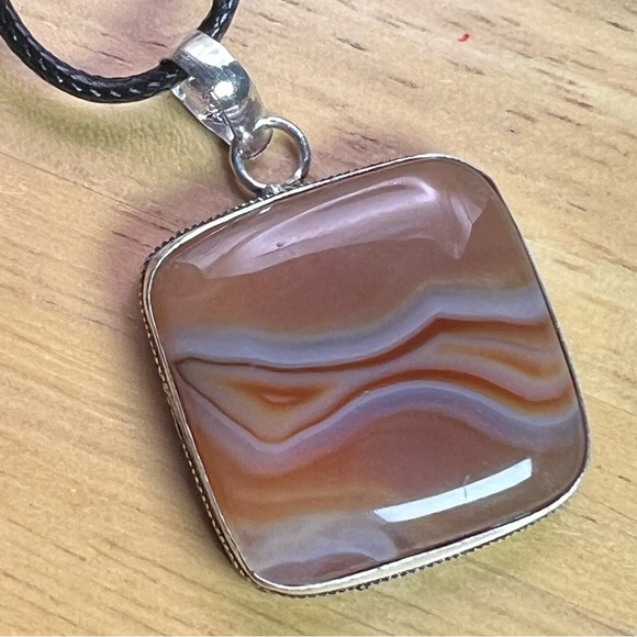 New Orange Sardonyx Agate Stone Silver Overlay Pendant w Cord - Picture 4 of 5